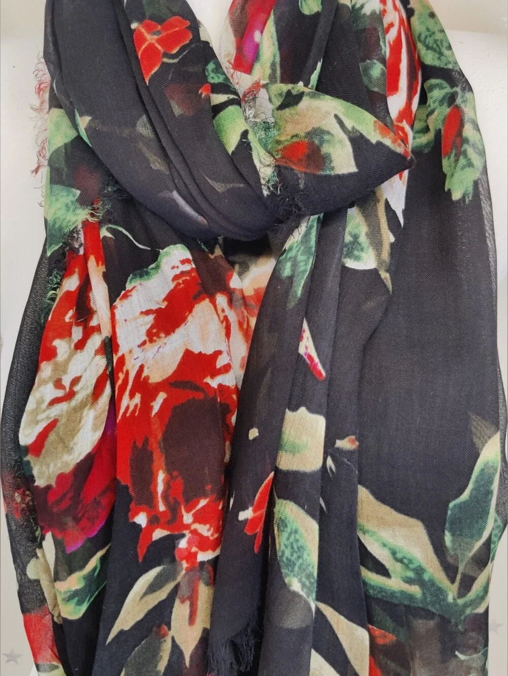 Naturally Knotty 100% Modal Oversized Floral Scarf Wrap Black Red 42x78